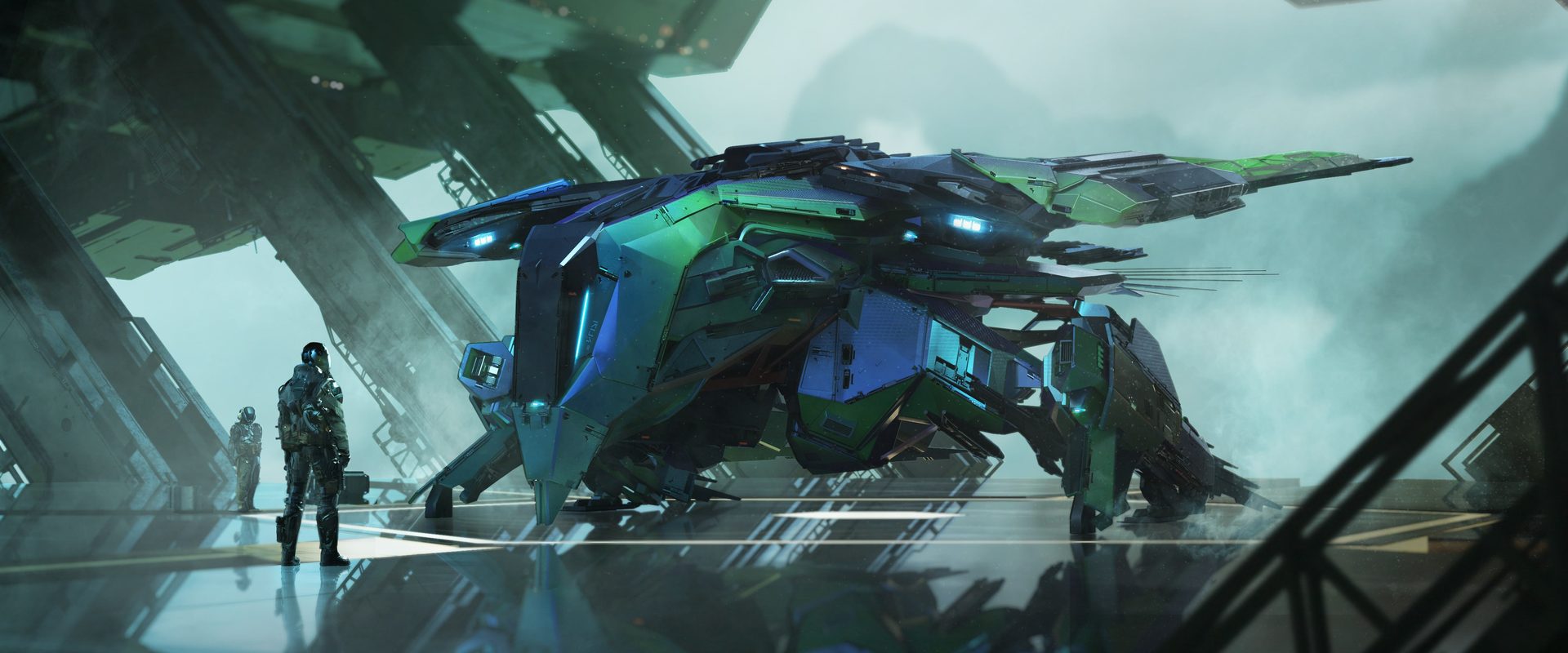 Un Talon aux reflets verts et bleus posé dans un hangar ouvert sur la brume, deux pilotes à côté, dans Star Citizen