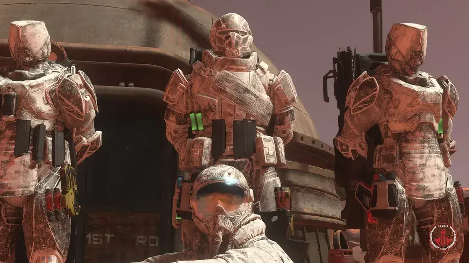 Quatre membres de DAWNSTAR en armure qui rentrent d'une opération, extrait des missions entre membres, dans Star Citizen